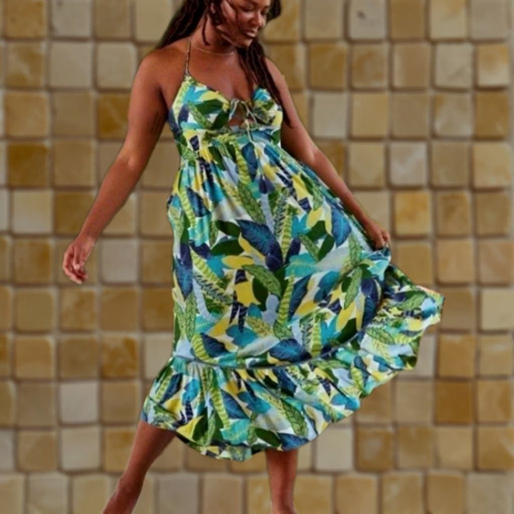 Vintage Aerie Maxi Dress Halter Cotton Viscose Floral Blue Green Yellow Sleeveless Strappy Neckline Halter Coastal Resort M Womens Tropical Theme Size M / US 6-8 / IT 42-44 - 1 Thumbnail