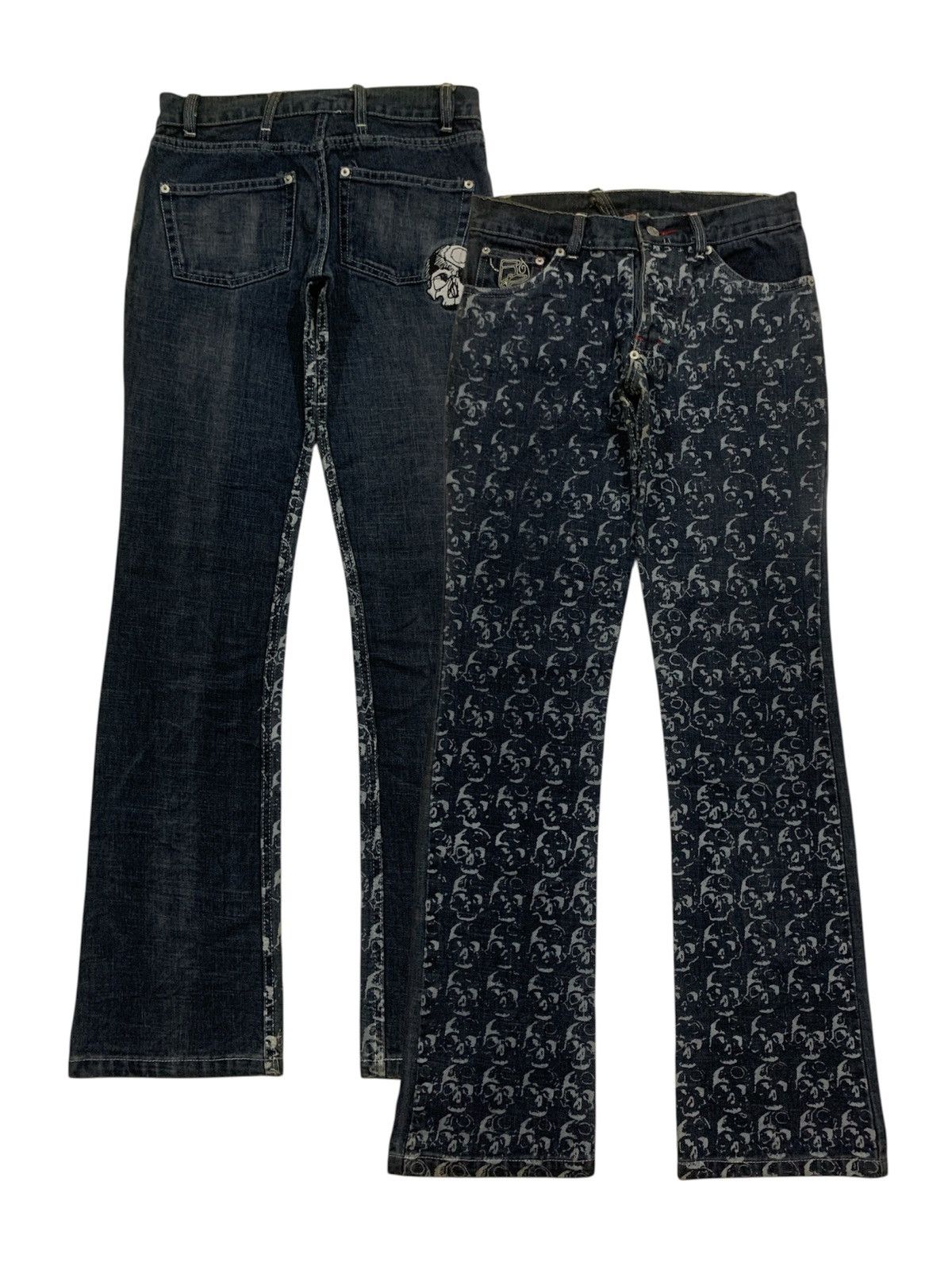 Japanese Brand Vintage Buddhist Punk Skull All Over Print Flared Jeans Size US 27 - 1 Thumbnail