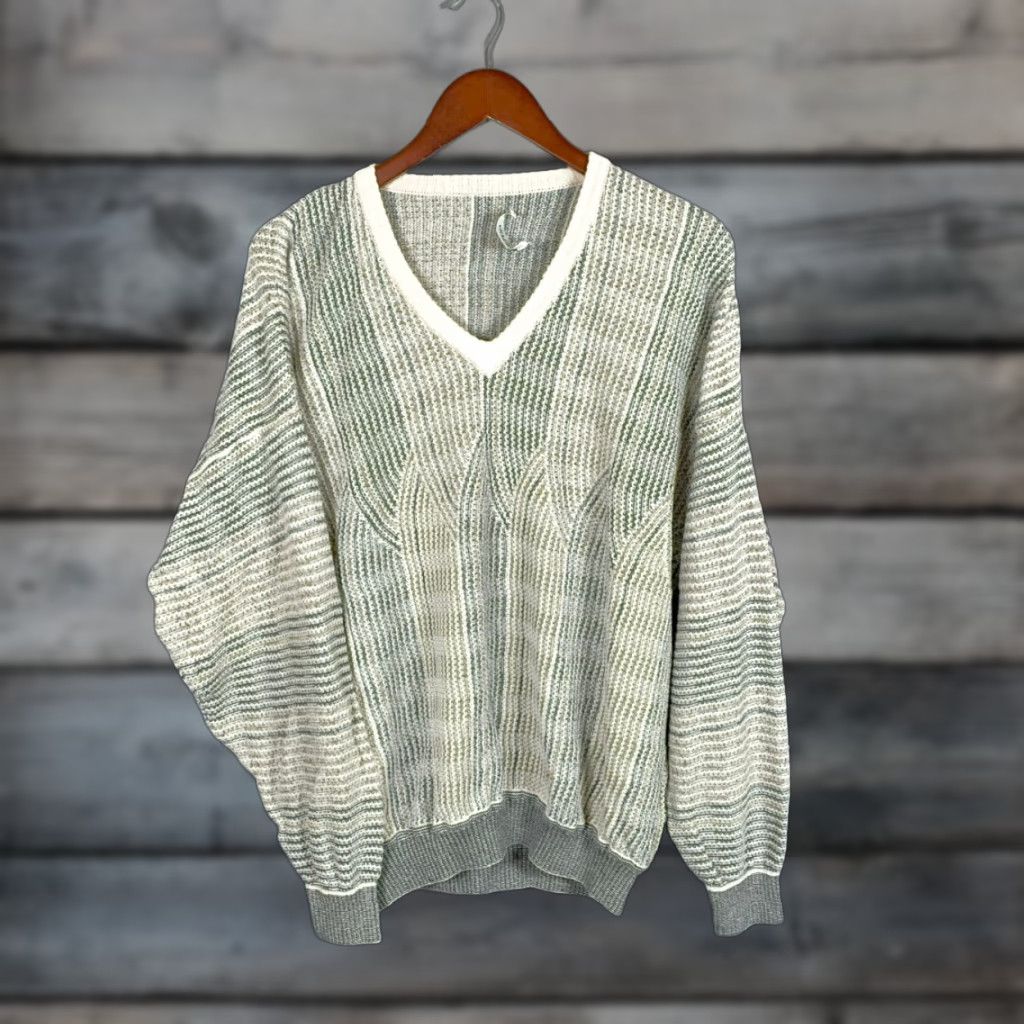 Vintage St. Croix Textured Cotton Deep V-Neck Sweater Medium Gray Ivory Knit Size US M / EU 48-50 / 2 - 1 Thumbnail