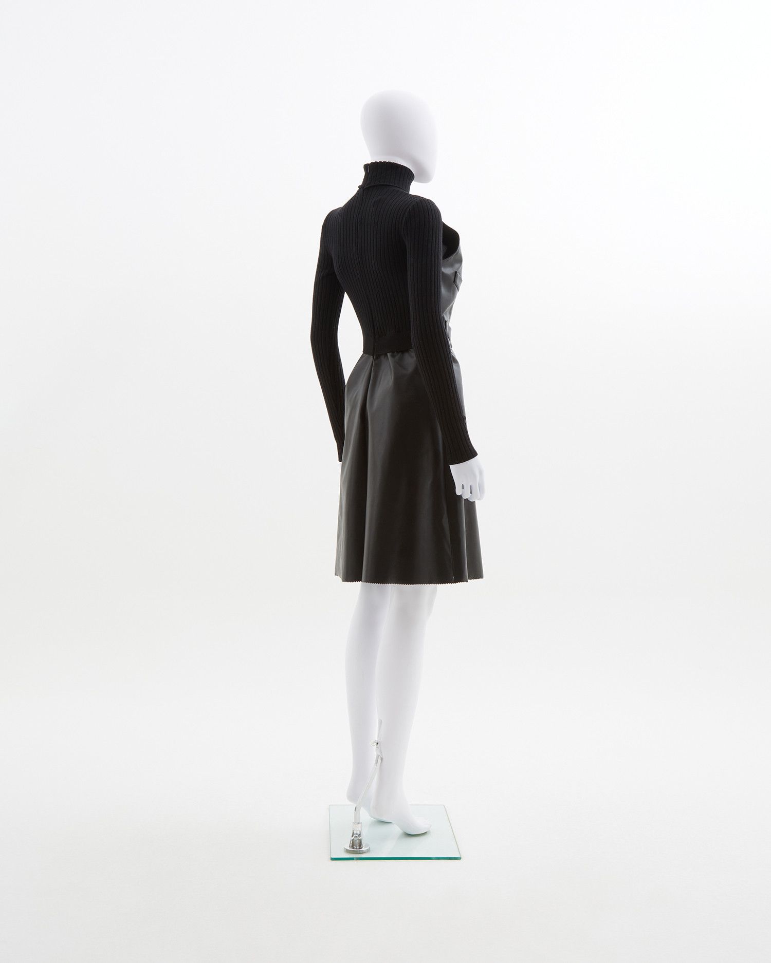 Jean Paul Gaultier Early 90's black leather & ribbed knit high-neck wool dress Size M / US 6-8 / IT 42-44 - 4 Thumbnail
