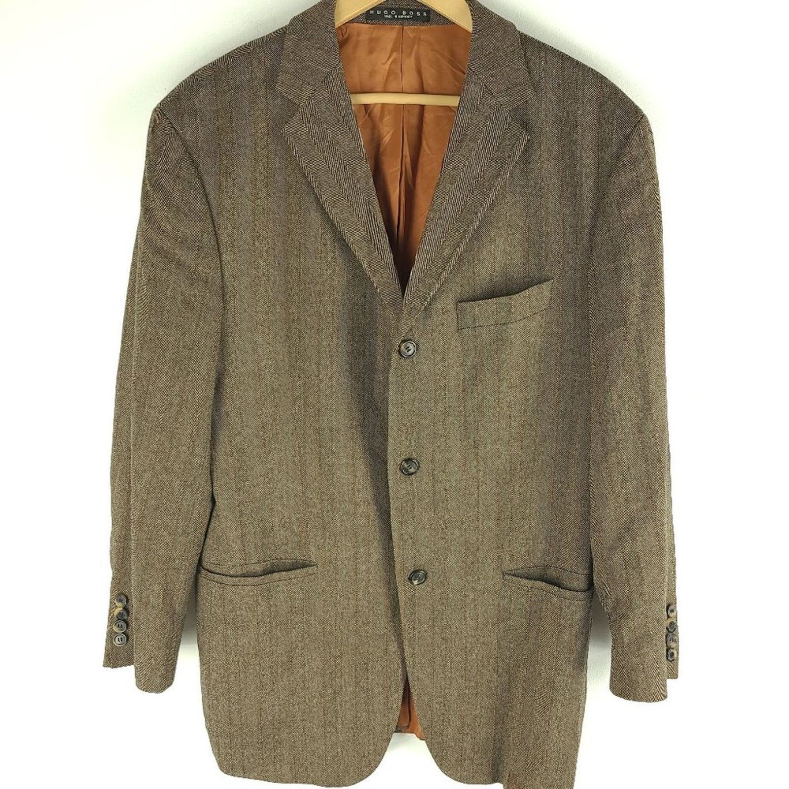 Hugo boss blazer jacket virgin wool tan lined pockets sz42R