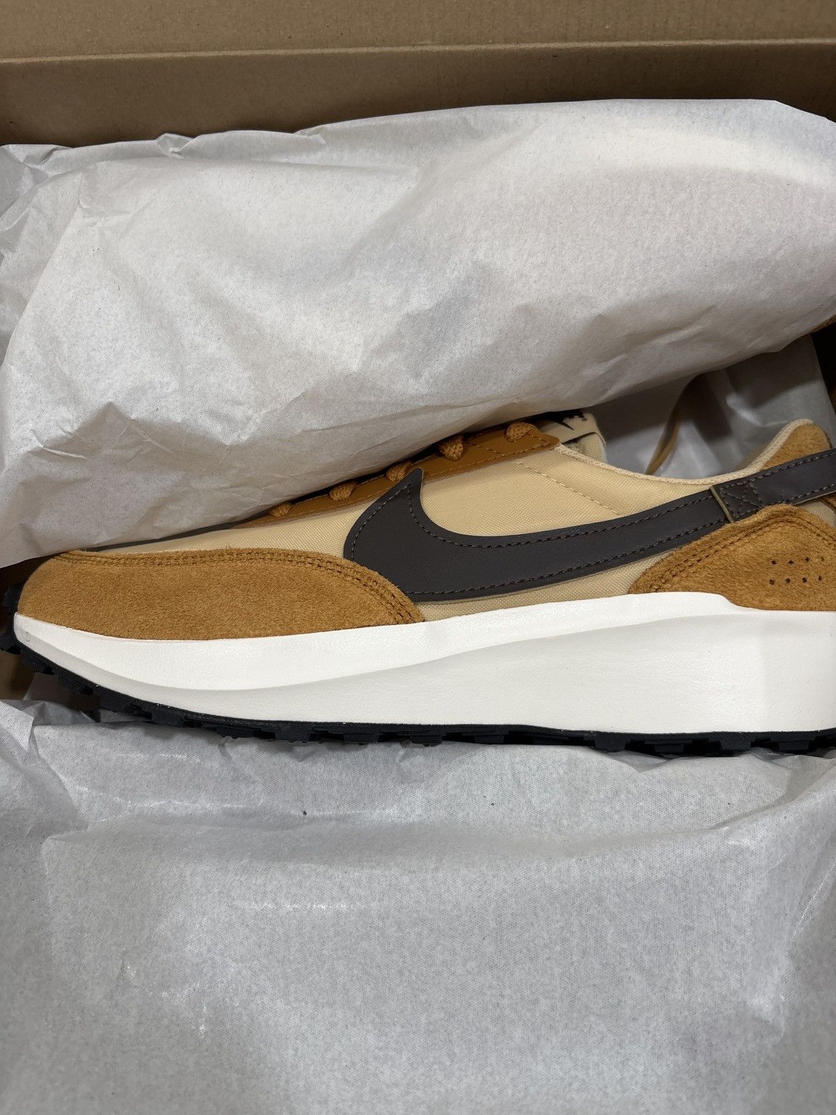 Nike Waffle One trainers in brown and white