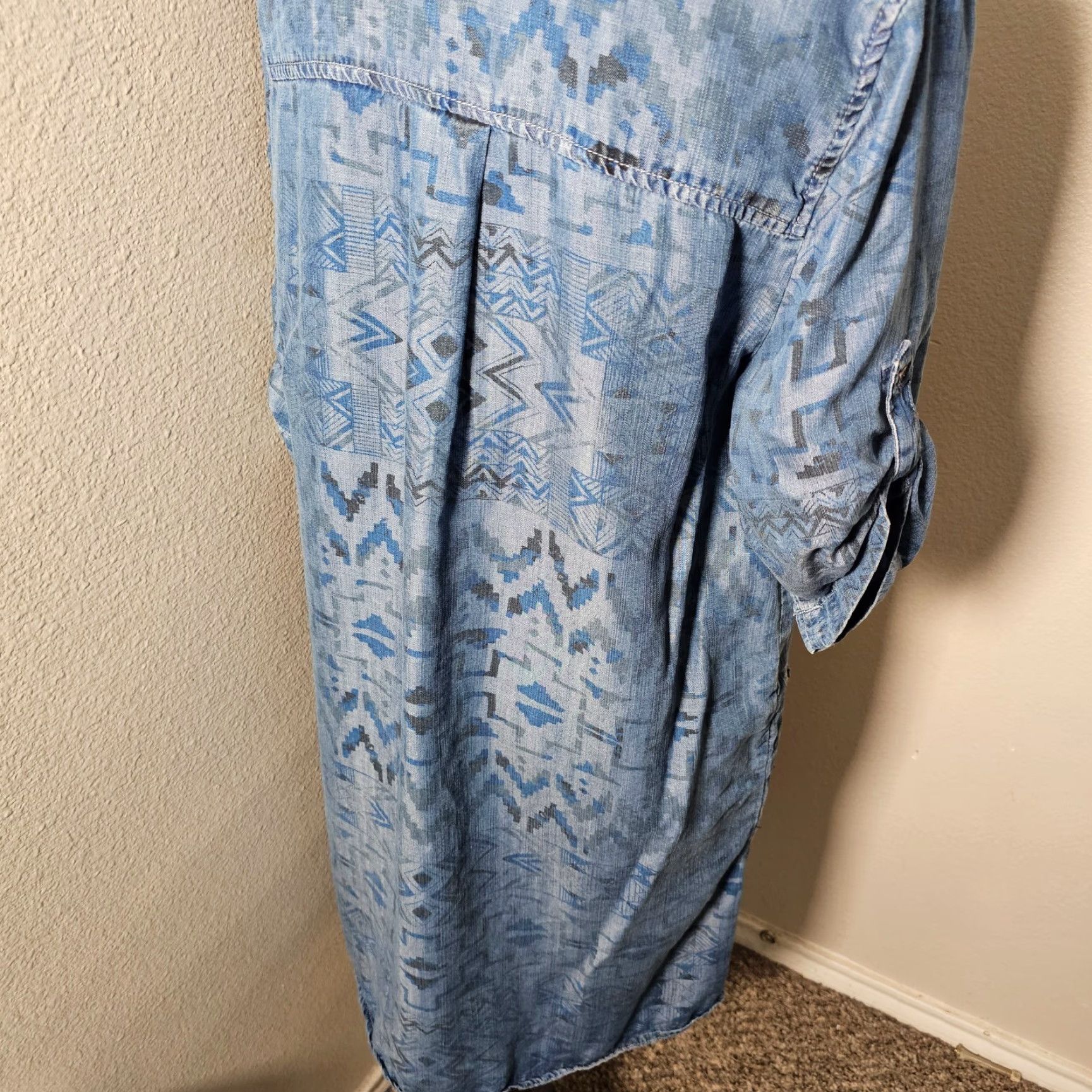Vintage PHILOSOPHY SHIRT DRESS Women L Blue Chambray Aztec Print Geometric Knee Length Short Sleeve Roll Tab Size L / US 10 / IT 46 - 5 Thumbnail