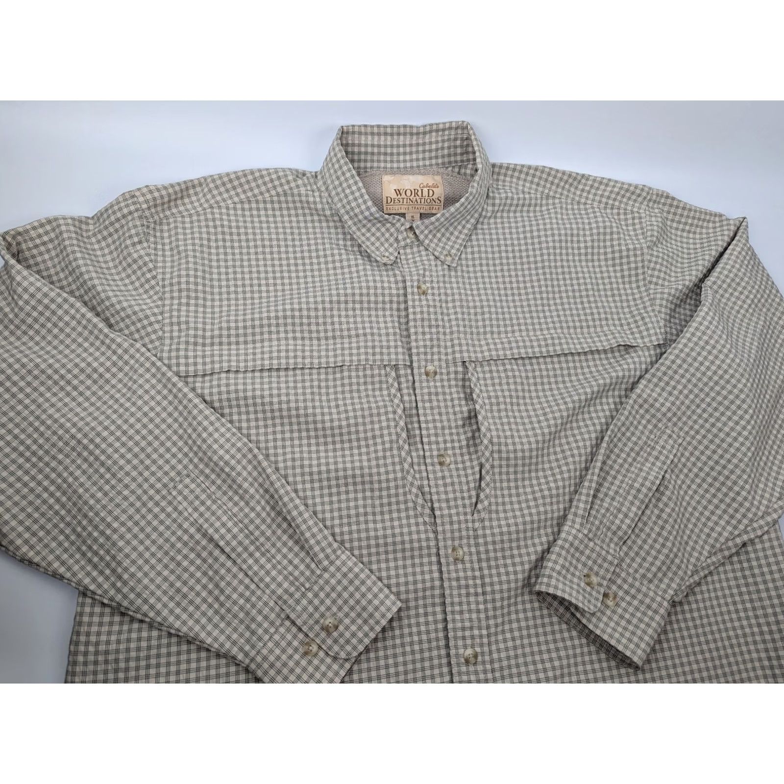 Vintage Cabela's Shirt Adult XL Tall Plaid Fishing Hunting Vented Lightweight Nylon Nylon/Polyester Beige Button-Down Collar All Seasons Regular Men XLT Size US XL / EU 56 / 4 - 2 Thumbnail