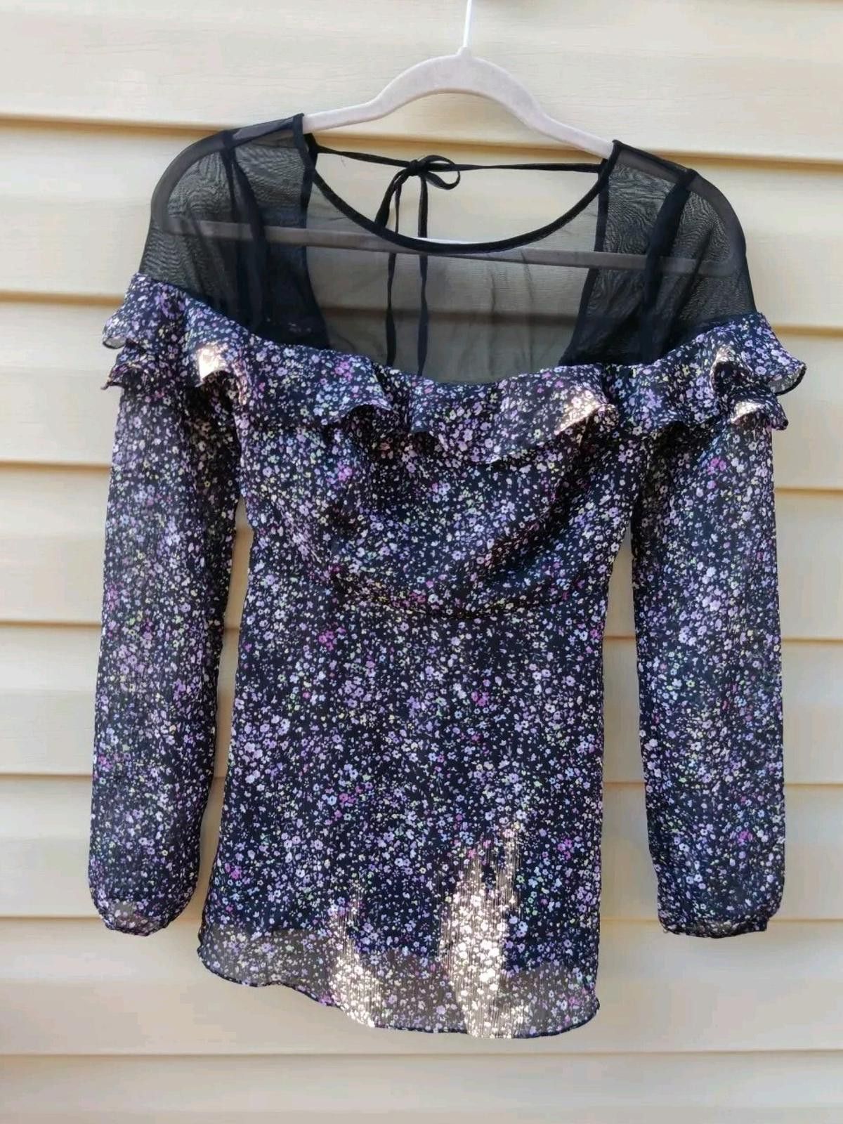Free People Free People Black Purple Floral Smocked Ruffle Sheer Tie Nec Size XS / US 0-2 / IT 36-38 - 3 Thumbnail