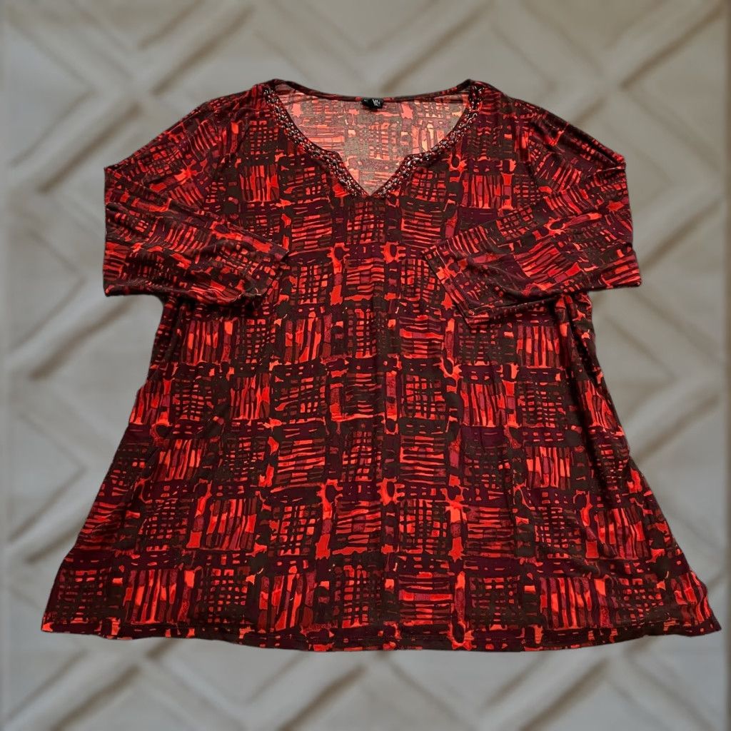 Vintage Rafaella Shift Dress Womens 2XL Red Black Geometric V-Neck Long Sleeve Beaded Dress Size XXL / US 16-18 / IT 52-54 - 1 Thumbnail