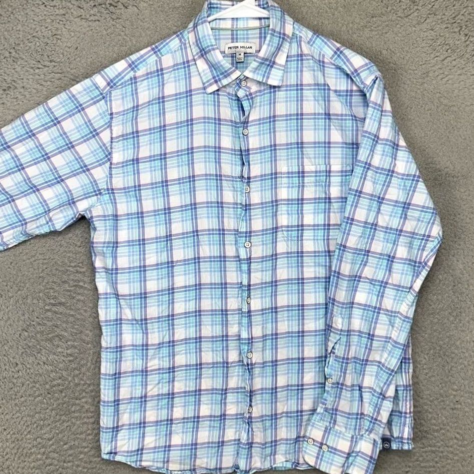 Peter Millar Peter Millar Shirt Mens Medium Blue White Plaid Button Up Long Sleeve Pocket EUC Size US M / EU 48-50 / 2 - 4 Thumbnail