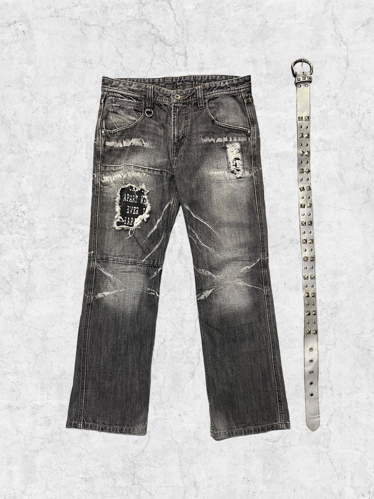 HIDEAWAYS × Japanese Brand Hideaways Distressed Patched Flared Jeans With Studded Belt Size US 32 / EU 48 - 2 Thumbnail