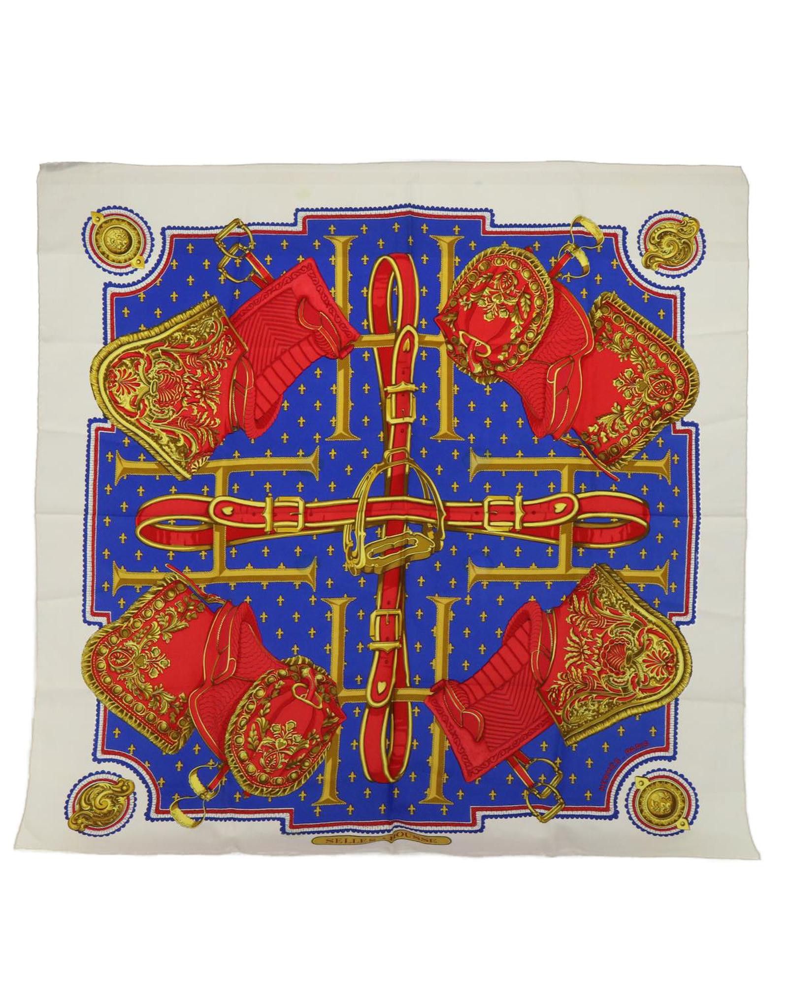 image of Hermes Silk Saddle Print Designer Scarf in White, Women's