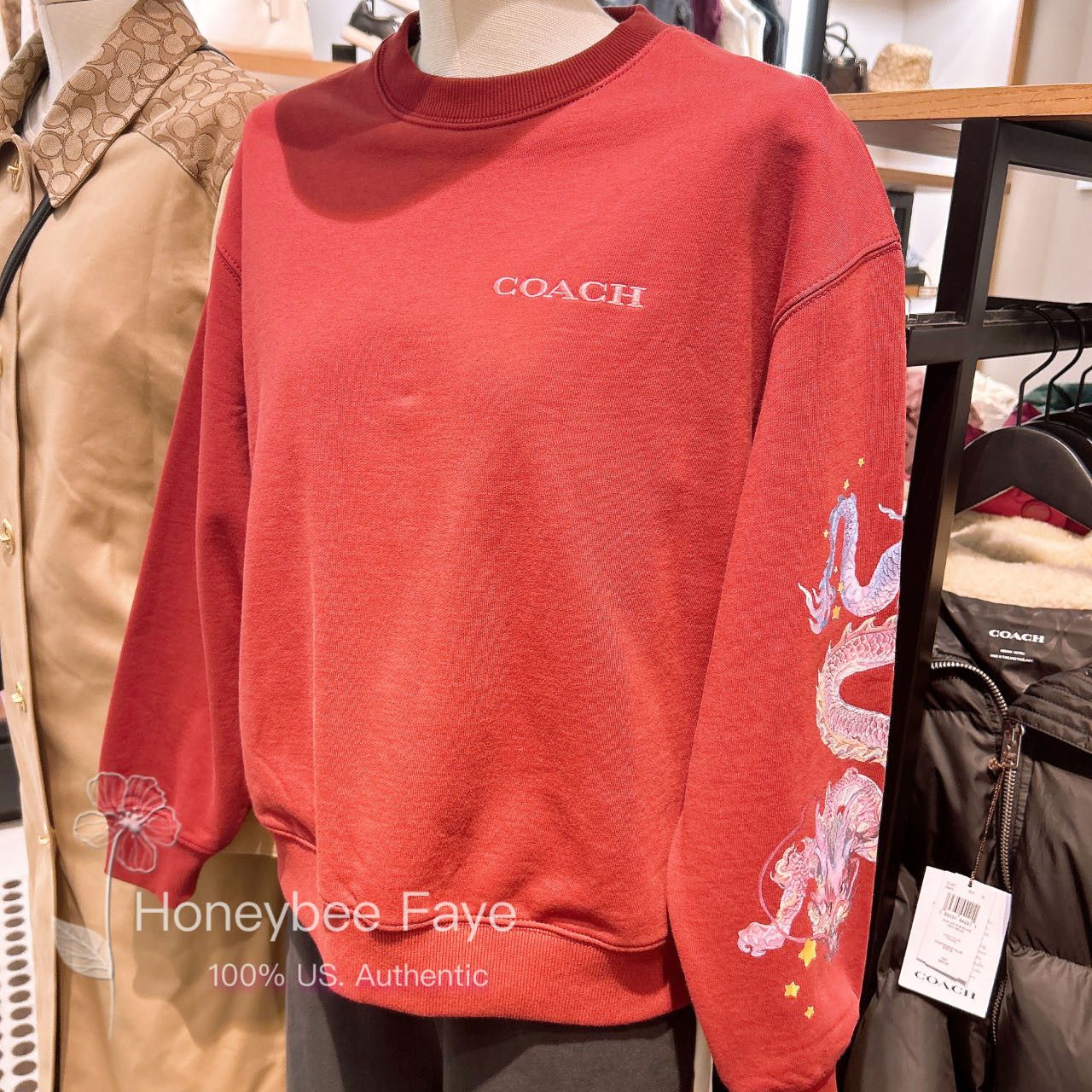 image of NWT Coach Women's New Year Crewneck With Dragon Cp456 in Dark Red (Size XL)