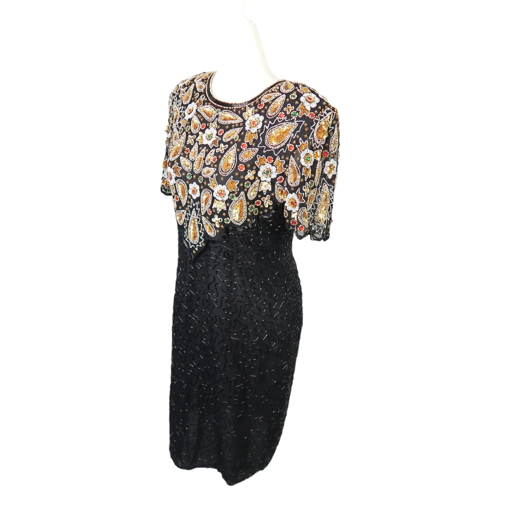 Vintage VINTAGE Laurence Kazar Cocktail Dress Silk Beaded Sequin Black Gold M Adults Women (1980s) Size M / US 6-8 / IT 42-44 - 4 Thumbnail