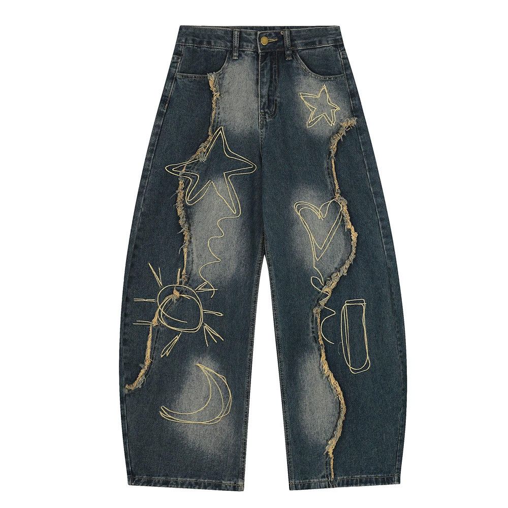 Vintage Men's embroidered patchwork raw edge loose scimitar jeans Size US 32 / EU 48 - 1 Thumbnail