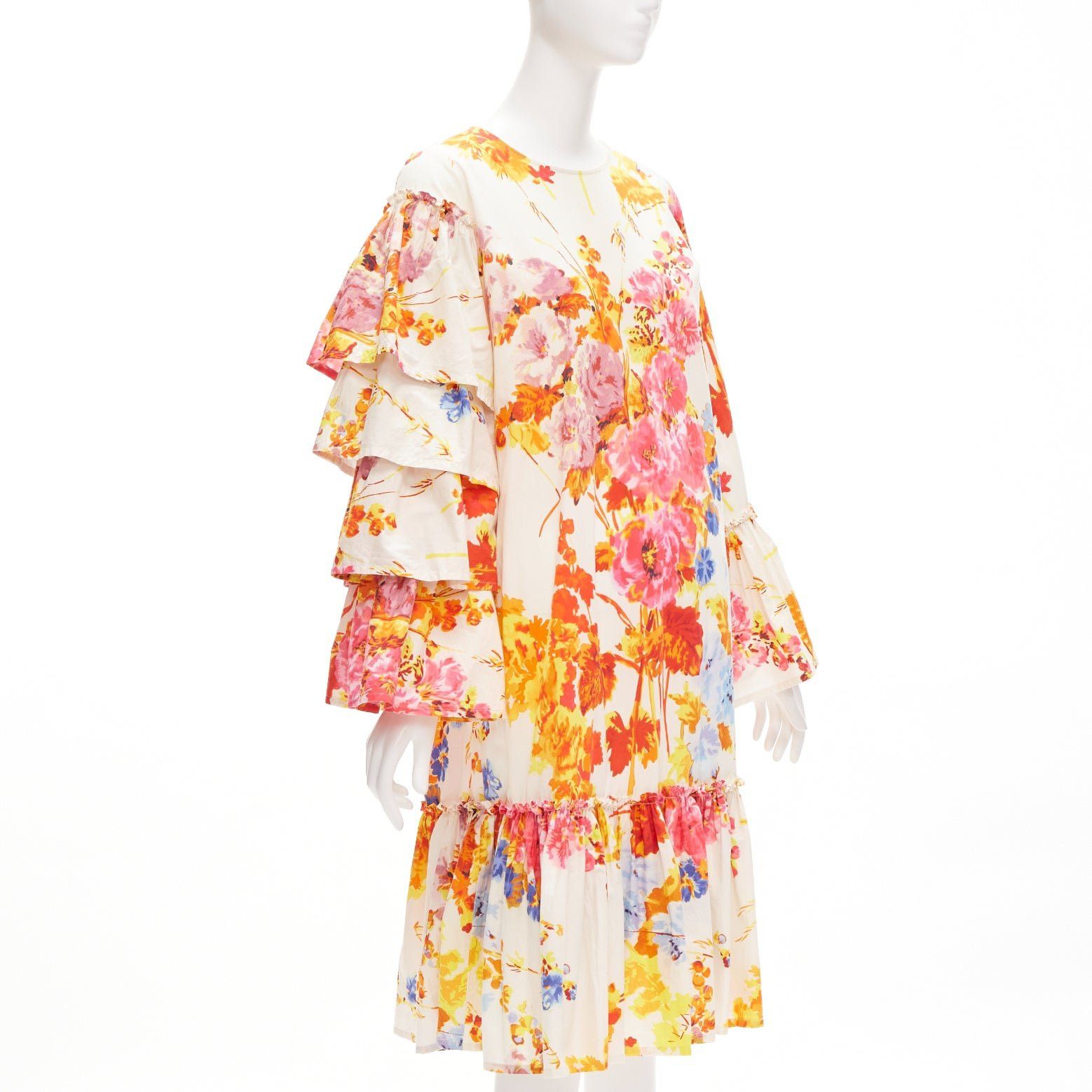 Dries Van Noten DRIES VAN NOTEN Runway cream colourful floral tiered sleeve ruffle midi dress FR34 XS Size XS / US 0-2 / IT 36-38 - 1 Thumbnail