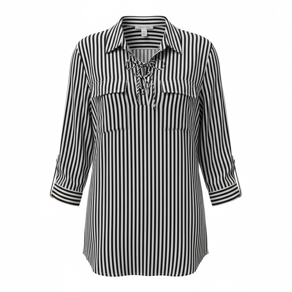 Calvin Klein Calvin Klein Women Black White Front Tie Roll-Tab Blouse XL Size XL / US 12-14 / IT 48-50 - 2 Thumbnail