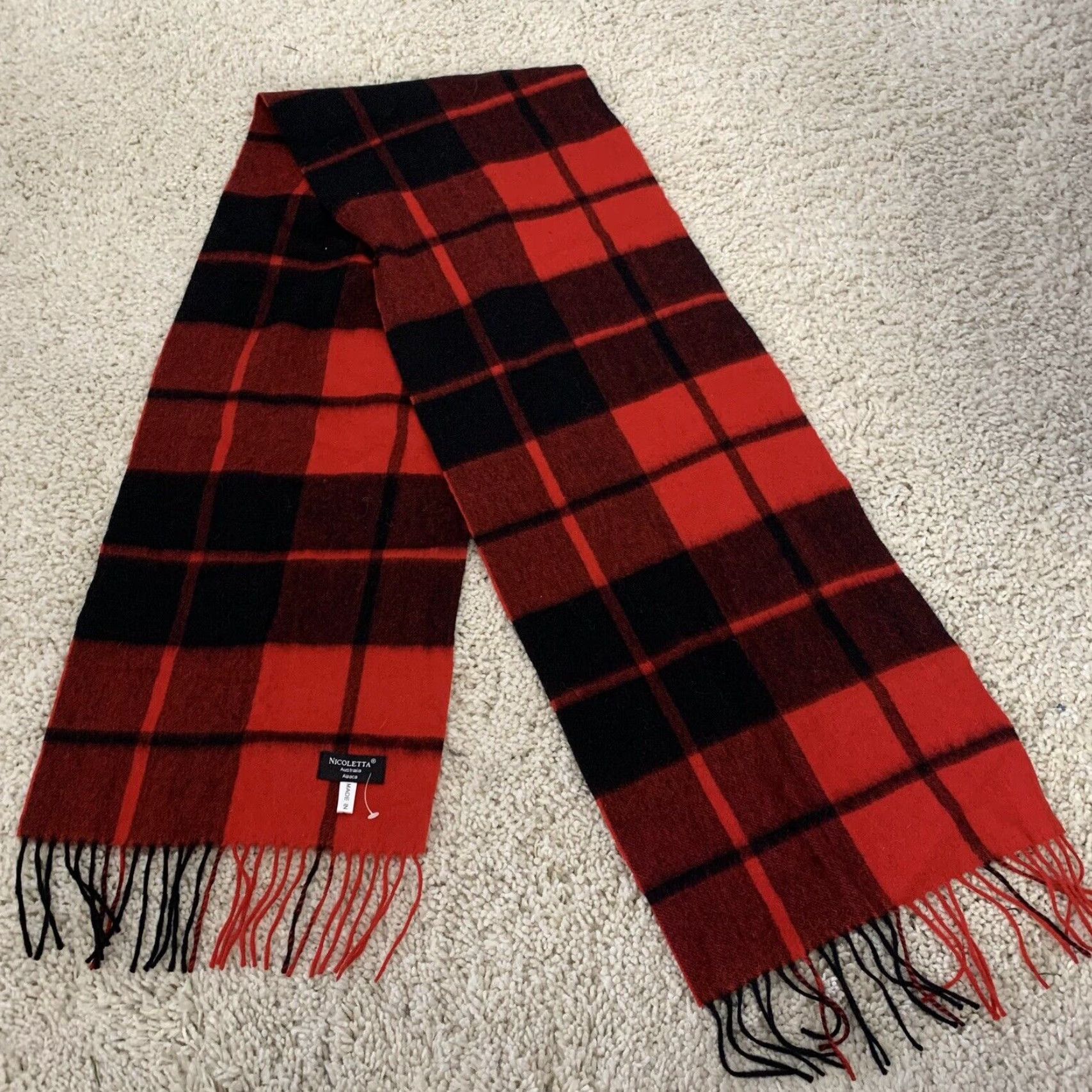 Vintage Nicoletta Scarf Plaid Rectangle Unisex 12x70 Red Black Lightweight Alpaca Wool Fringe Hand Wash Only Autumn Winter Spring Size ONE SIZE - 3 Thumbnail