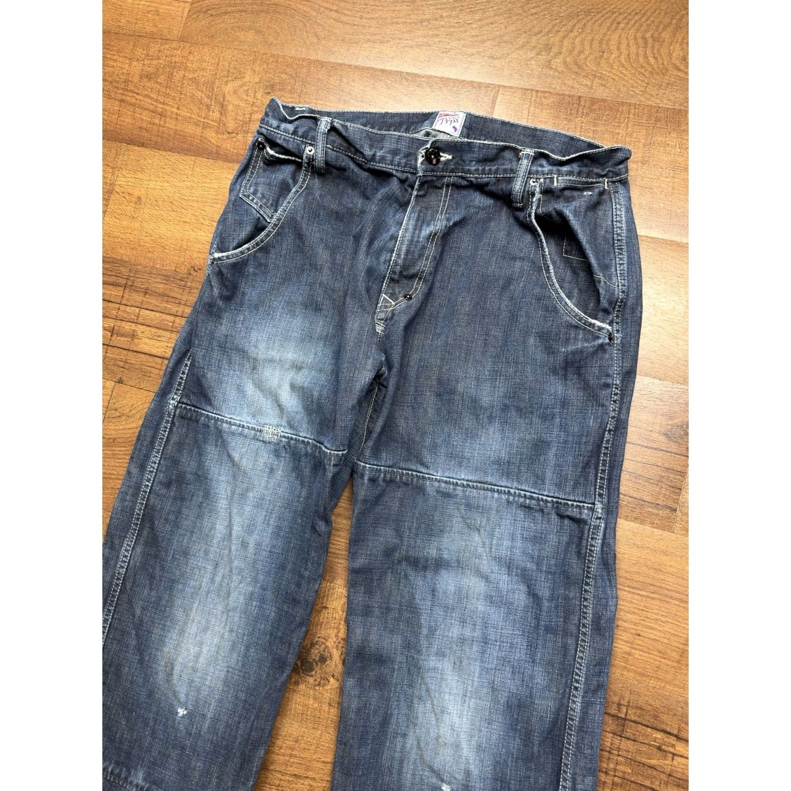 Prps PRPS Jeans Mens Japanese Denim Double Knee Distressed Painters Jeans 36x32 Blue Slim Straight Mens Size US 36 / EU 52 - 2 Thumbnail