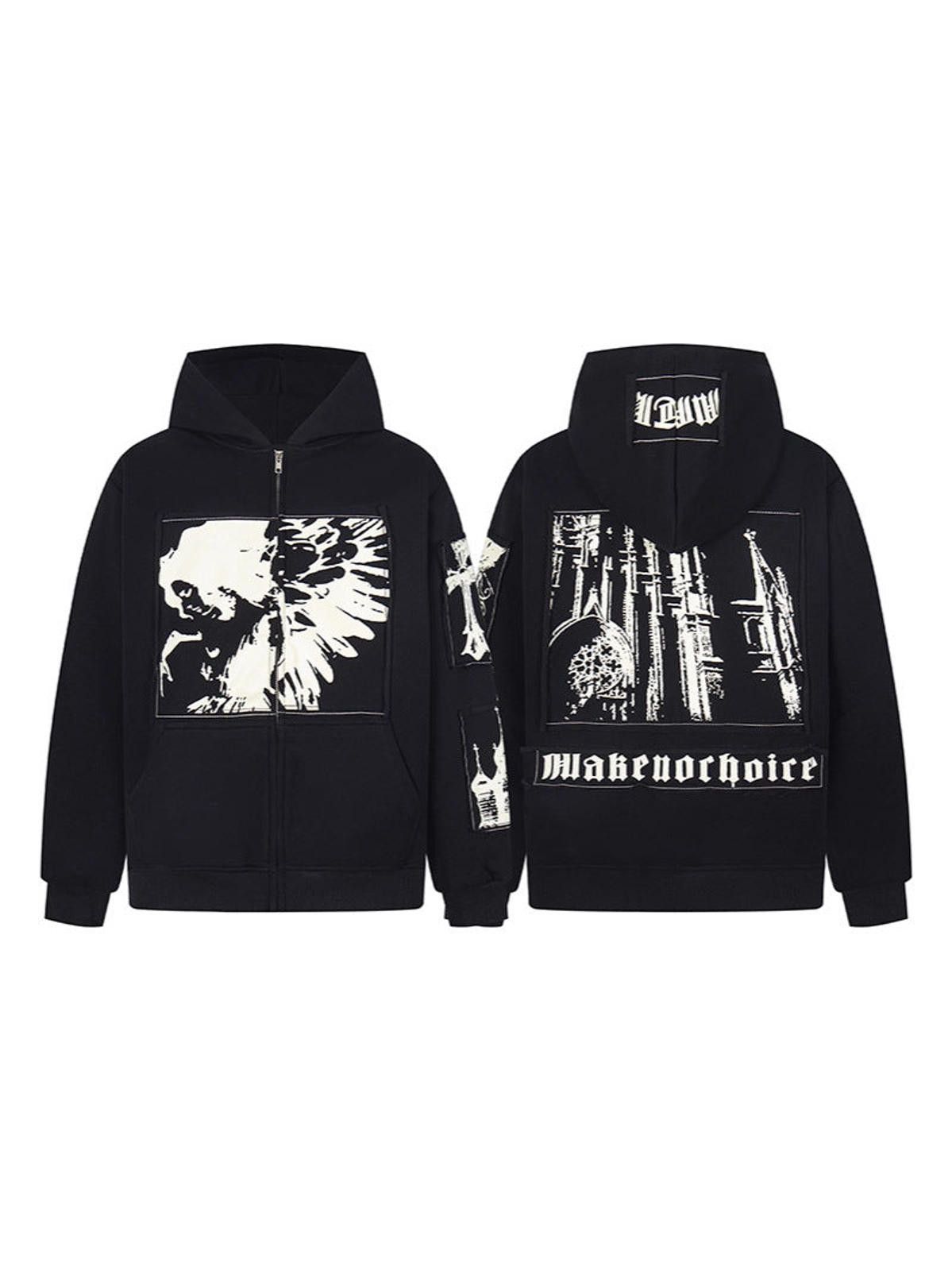 Vintage Black Graphic Zip-Up Hoodie, Streetwear Style Hoodie Size US M / EU 48-50 / 2 - 3 Thumbnail