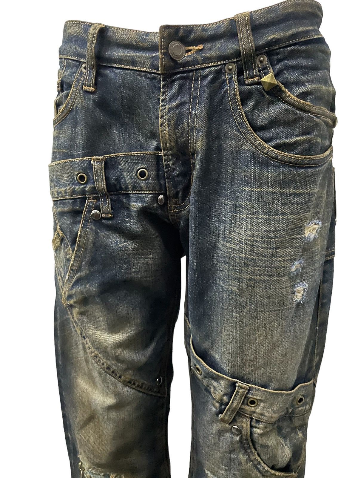 Hysteric Glamour × Levi's × Obelisk Levis 501 Asymmetrical Distressed Piercing Studded Mud Jeans Size US 32 / EU 48 - 9 Thumbnail