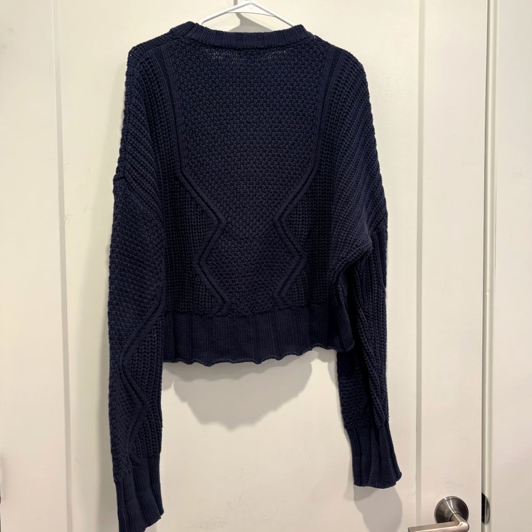 Vintage All:Row Sweater Women L Navy Blue Chunky Knit Basketweave Cable Cropped Pullover Size L / US 10 / IT 46 - 3 Thumbnail