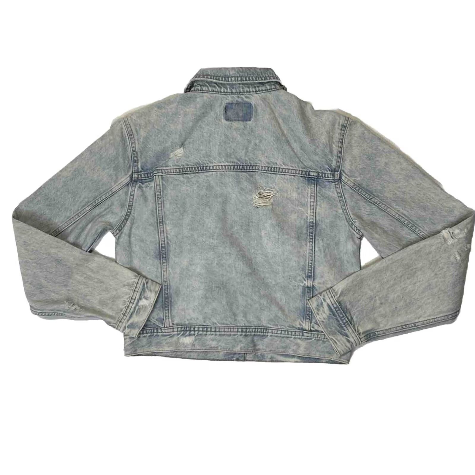 American Eagle Outfitters AEO American Eagle Light Blue Denim Jacket Cropped Distressed Button-Down Short Sleeve Classic Fit Size Small Womens Jacket Size 28" / US 6 / IT 42 - 2 Thumbnail