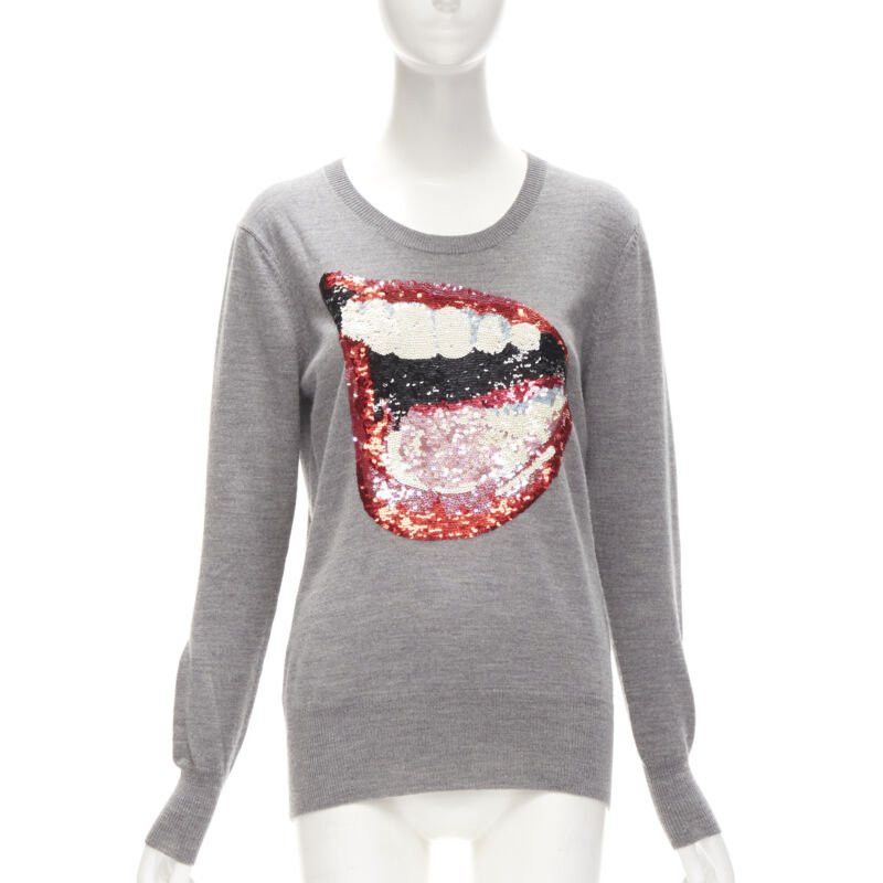Markus Lupfer MARKUS LUPFER grey knit red lips sequins sweater S Size S / US 4 / IT 40 - 1 Thumbnail