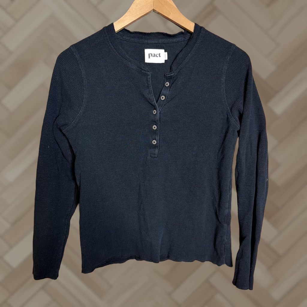 Vintage PACT Womens Shirt Small Black Waffle Knit Thermal Henley Organic Cotton Size S / US 4 / IT 40 - 1 Thumbnail