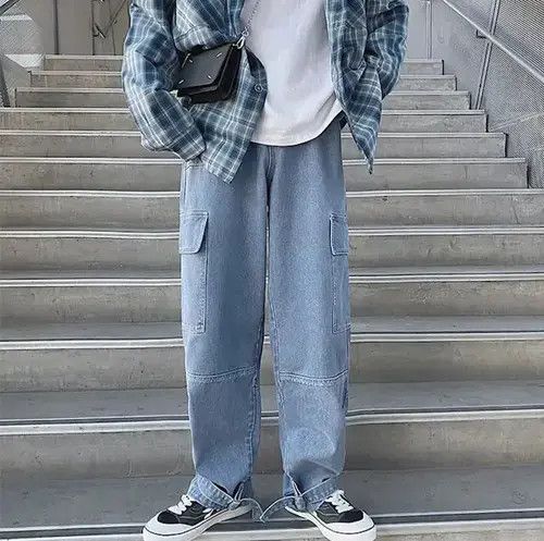 Japanese Brand Light Blue Cargo jeans Wide Leg Denim Loose Straight Baggy Size US 34 / EU 50 - 2 Thumbnail