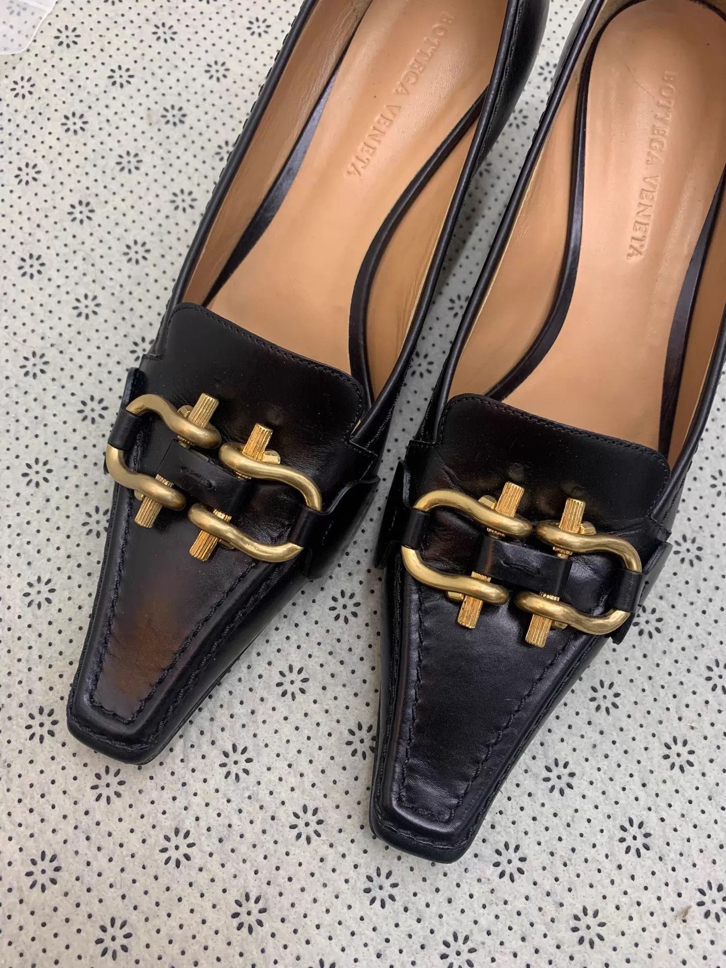 Bottega Veneta BV Madame black/gold vintage block heel new Size US 7 / IT 37 - 2 Thumbnail