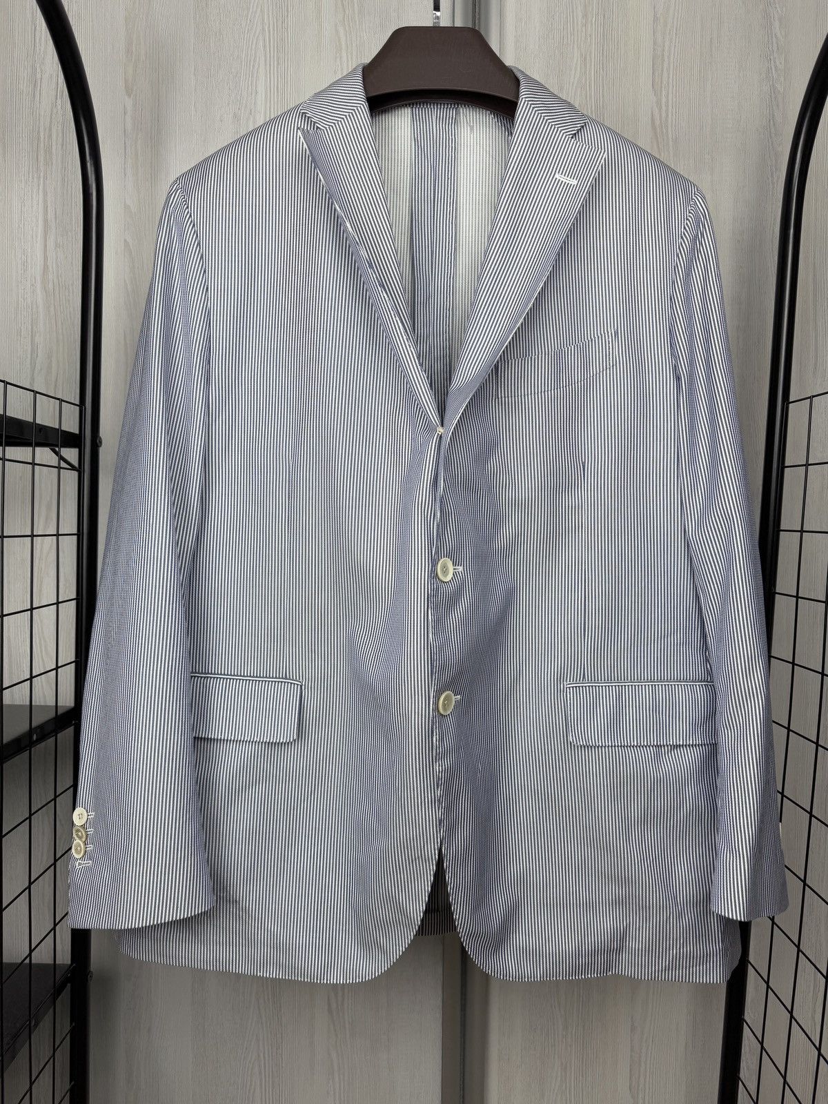 Lardini Lardini 100% Linen Blue White striped unlined lux blazer Size 48R - 2 Thumbnail