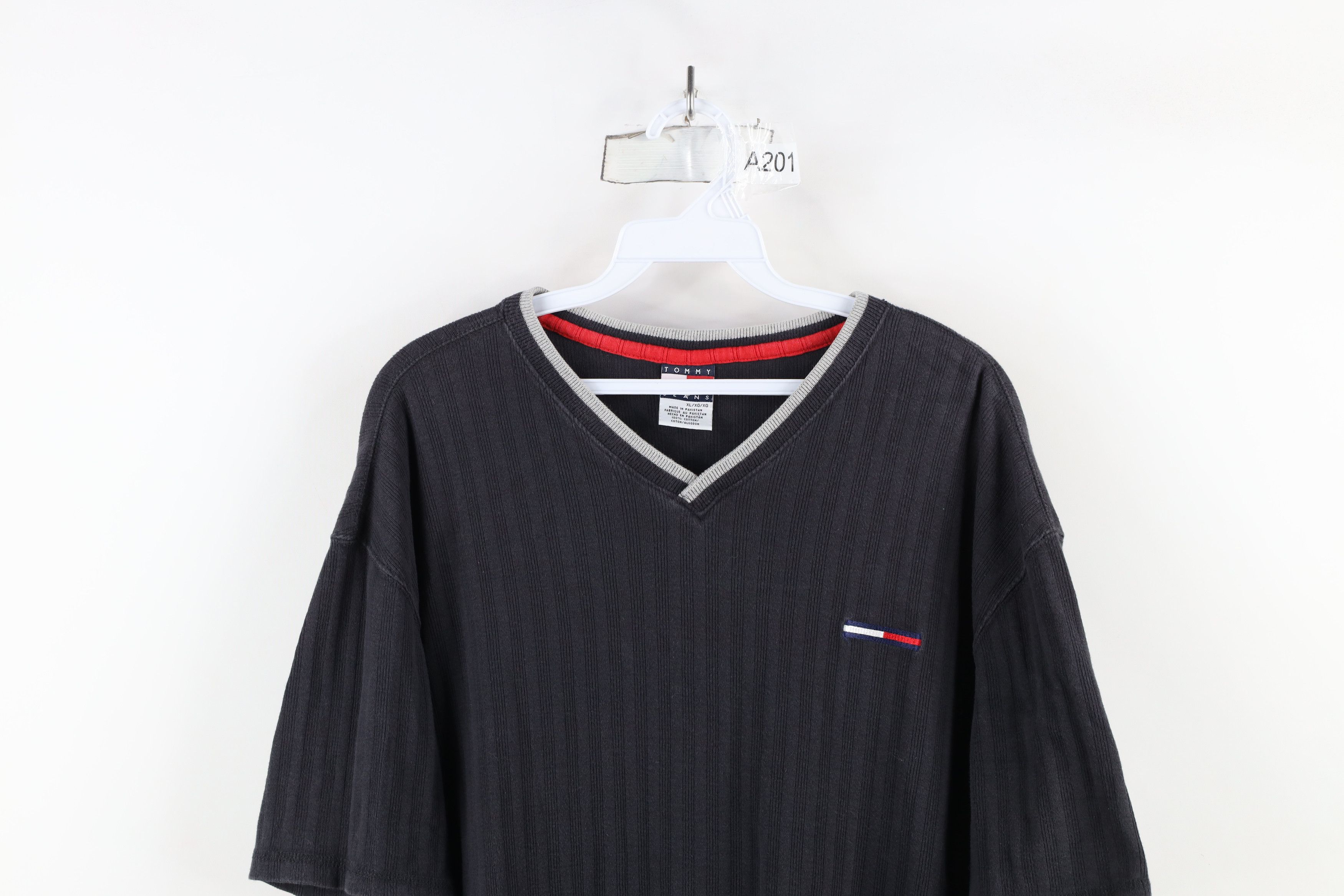 Tommy Hilfiger × Vintage Vintage 90s Tommy Hilfiger Ribbed Knit V-Neck T-Shirt Black Size US XL / EU 56 / 4 - 2 Thumbnail