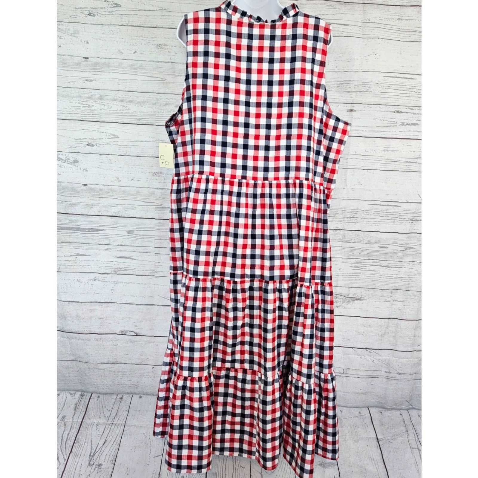 Vintage Cactus+Pearl Womens Dress 2XL Checkered Sleeveless Cotton Midi A-Line Red Blue Size XXL / US 16-18 / IT 52-54 - 3 Thumbnail
