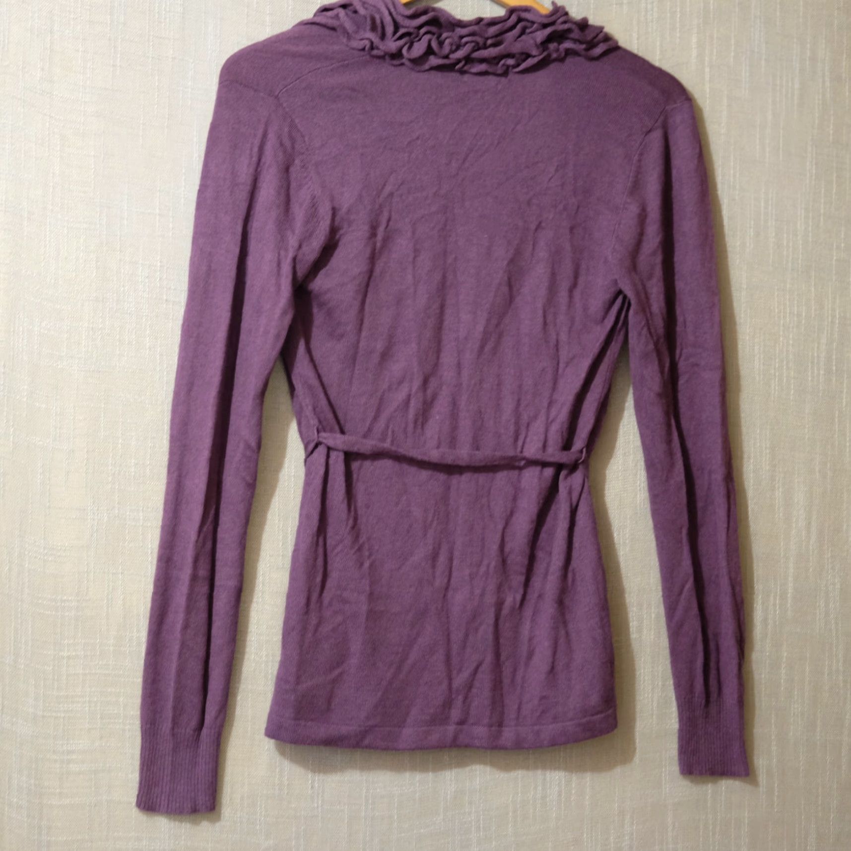 Merona VINTAGE Merona Cardigan Open Front Lightweight Womens M Purple Ruffle Trim Belted, Knit, Nylon/Rayon, Slim, Regular, Long Sleeve, Shirt? Size M / US 6-8 / IT 42-44 - 4 Thumbnail