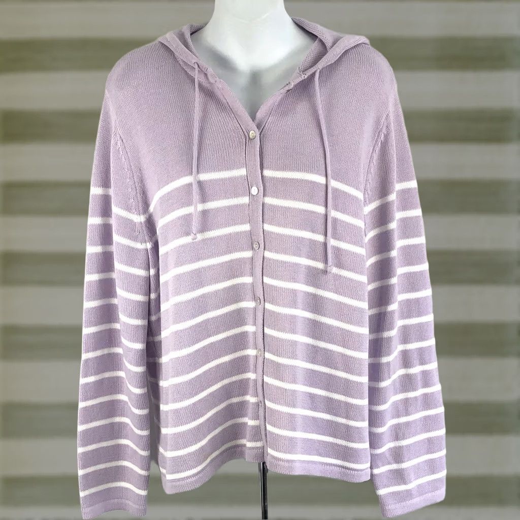 Liz Claiborne Niki Taylor cardigan sweater hoodie L purple stripe buttonup cottage academia Womens Cardigan L Purple Stripe Buttonup Size L / US 10 / IT 46 - 1 Thumbnail