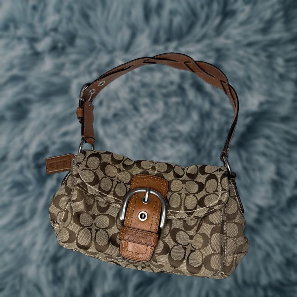 Coach Coach SoHo Y2K Shoulder Bag Brown Leather Jacquard Signature Print Purse Flap Size ONE SIZE - 1 Thumbnail