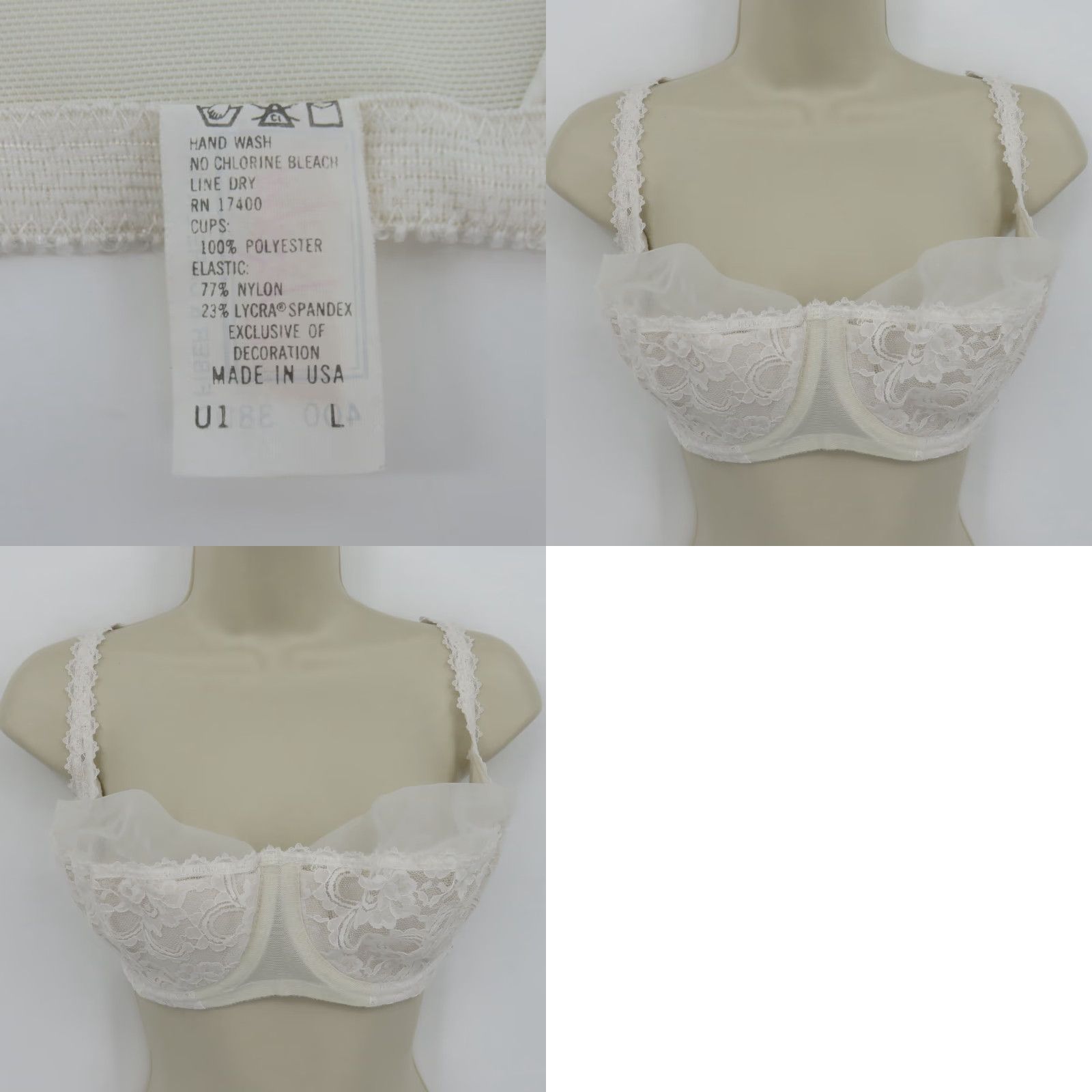 Vintage VINTAGE Jezebel Bra Balconette 38D 38DD White Floral Lace Tulle Underwire Nylon Blended Fabric 400 Hooks & Eye Womens Size ONE SIZE - 9 Thumbnail