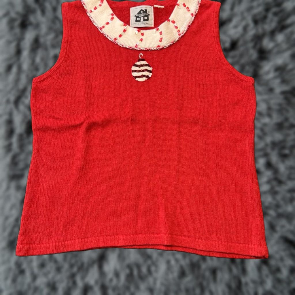 Vintage VINTAGE Storybook Knits Christmas Sleeveless Sweater Women’s M Red Sequins Beaded Embroidered Cardigan Size M / US 6-8 / IT 42-44 - 1 Thumbnail