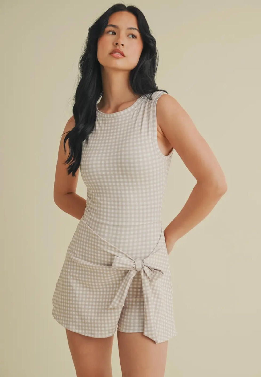 Christian Kimber Gingham Beige Print Sleeveless Wrap Tie Front Dress Size S / US 4 / IT 40 - 2 Thumbnail