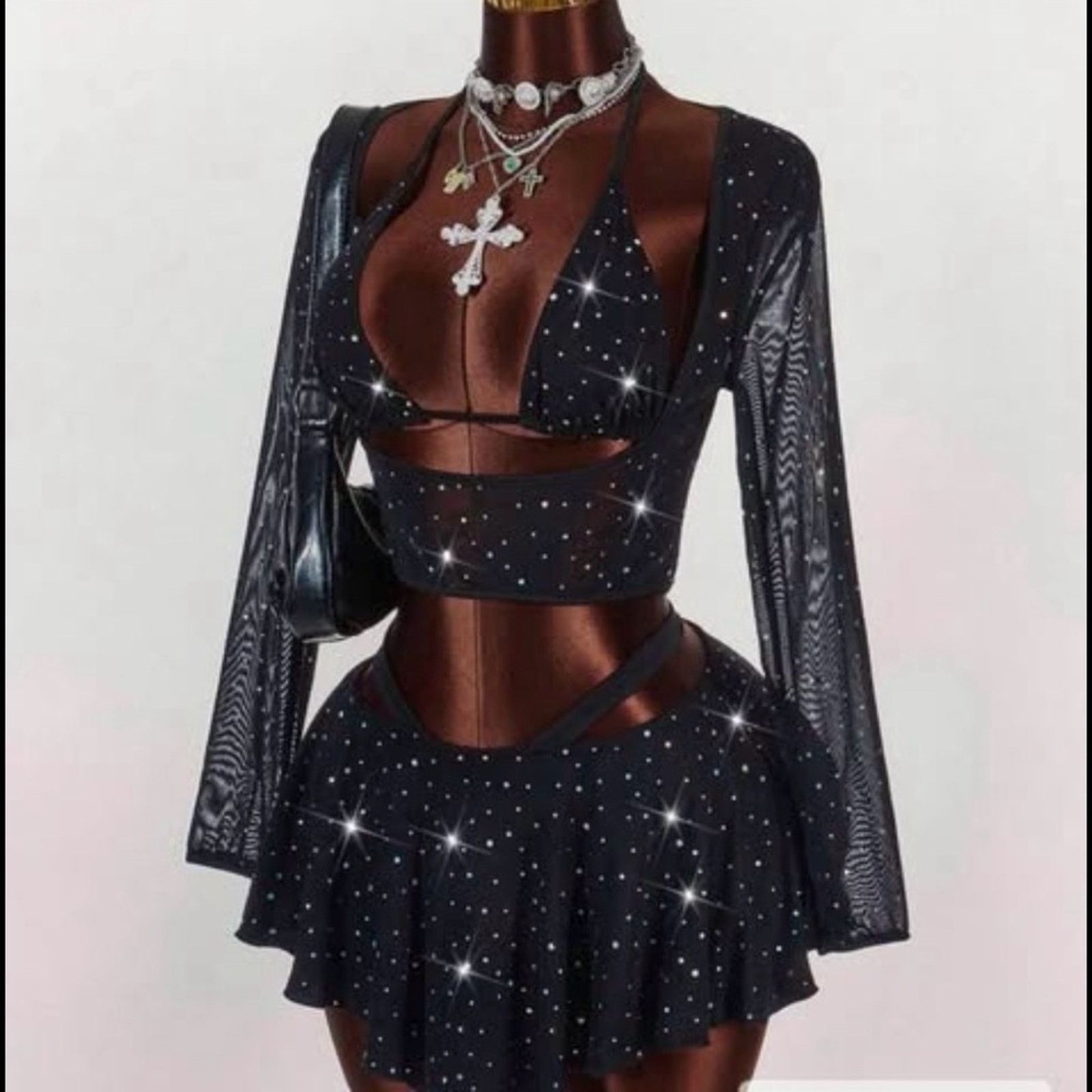 Other Black Rhinestone 3-Piece Set Crop Top Shrug & Mini Skirt Y2K Size S / US 4 / IT 40 - 1 Thumbnail