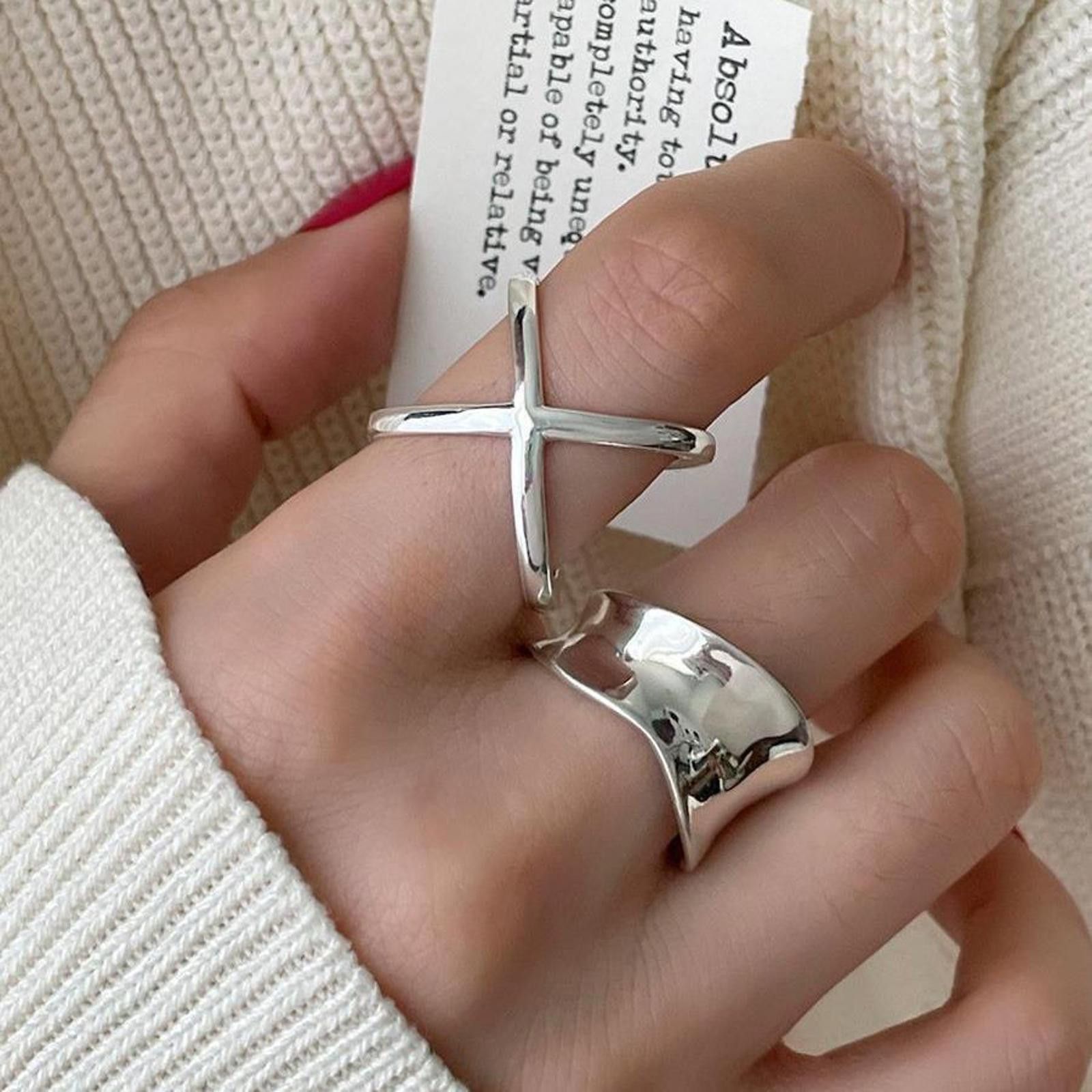 Jewelry Liquid Metal Chunky Hollow Open Adjustable Set Of Rings Size ONE SIZE - 1 Thumbnail