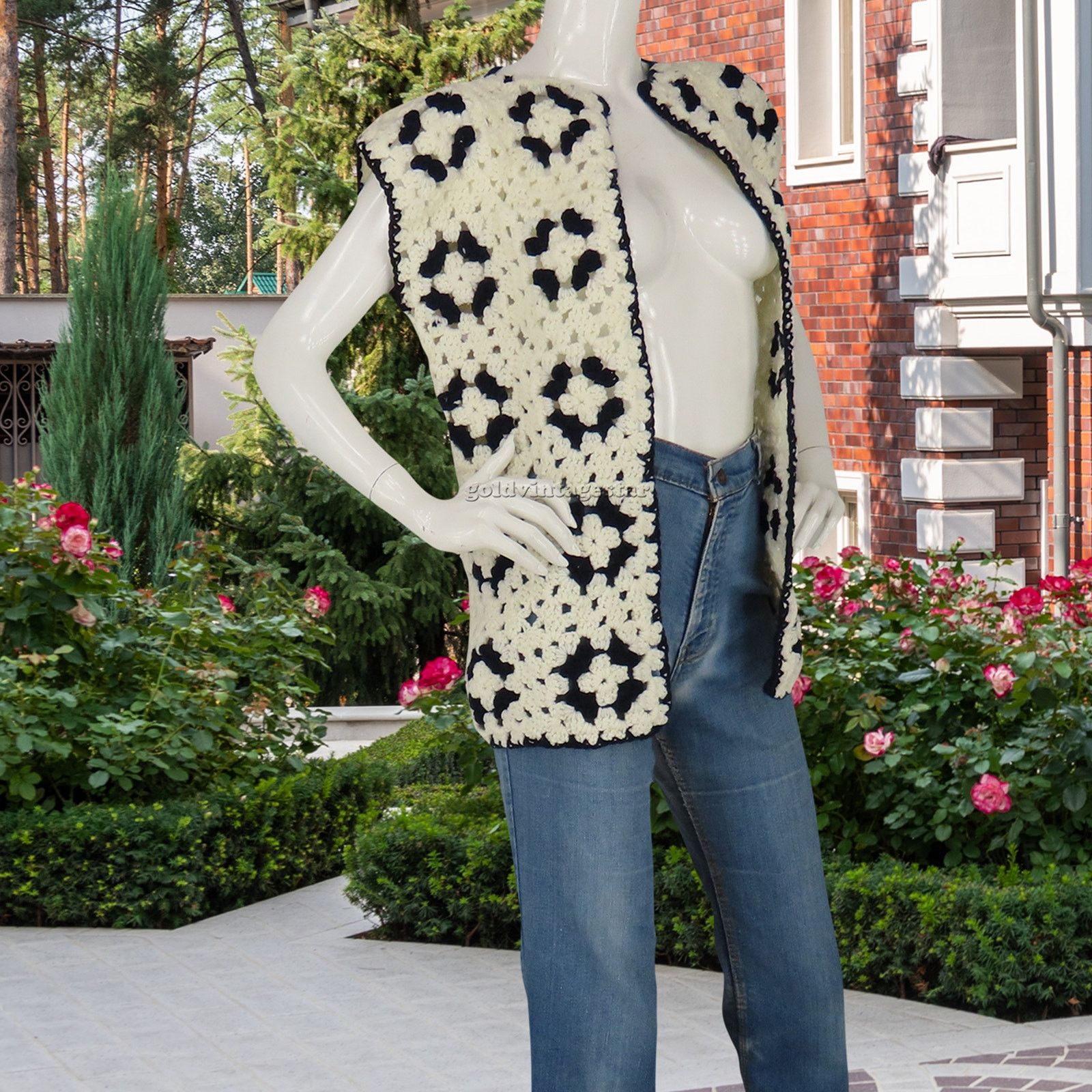 Other Vintage Boho Crochet Knit Granny Sweater Vest Blue White L Size L / US 10 / IT 46 - 6 Thumbnail
