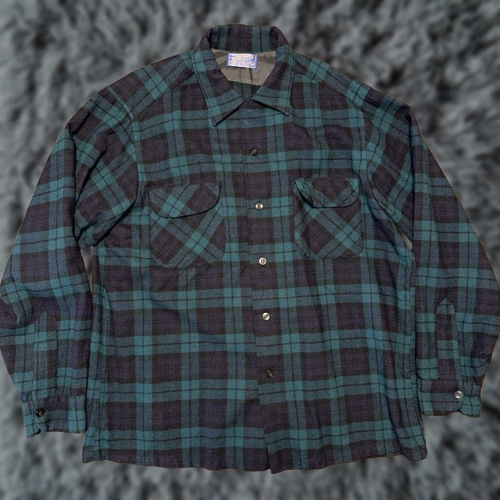 Pendleton VINTAGE Pendleton Board Shirt Mens L Wool Green Plaid Loop Collar 70’s USA Size US L / EU 52-54 / 3 - 1 Thumbnail