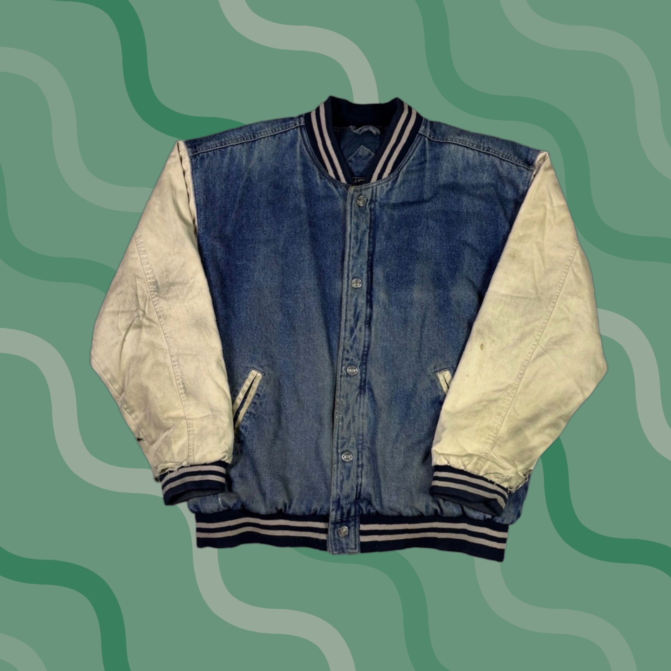 Route 66 VINTAGE Route 66 Mens Denim Varsity Jacket Blue Cream Canvas Snap Front Medium Size US M / EU 48-50 / 2 - 1 Thumbnail