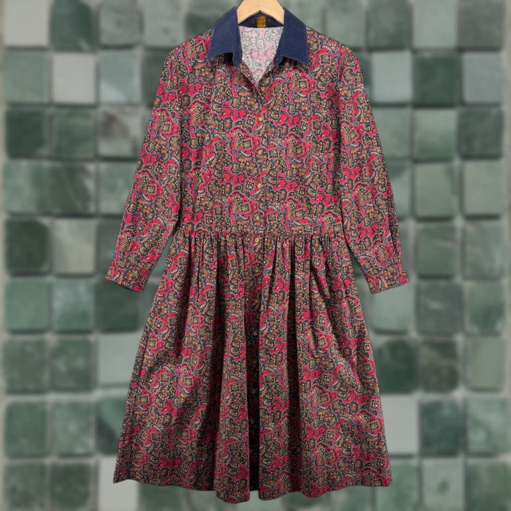 VINTAGE Eddie Bauer Dress S Cotton Blend Twill Paisley Fit & Flare Midi Long Sleeve Red Bohemian 80s 90s Women's
