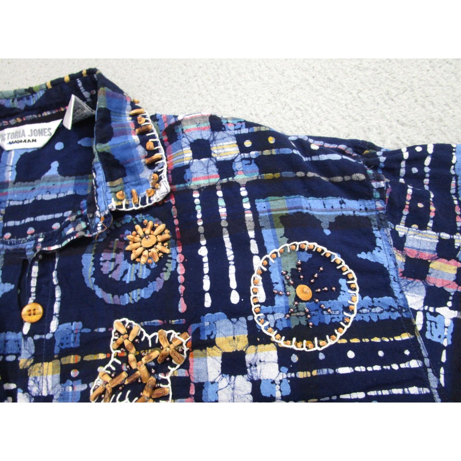 Vintage Victoria Jones Shirt Womens 18W Blue Beaded Embroidered Geometric Boho Festive Size XXL / US 16-18 / IT 52-54 - 7 Thumbnail