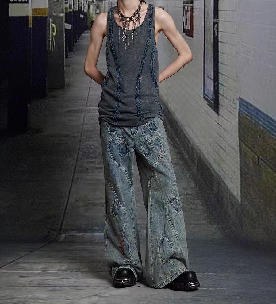 Japanese Brand × Jean Vintage embroidered washed distressed wide-leg jeans Size US 32 / EU 48 - 2 Thumbnail