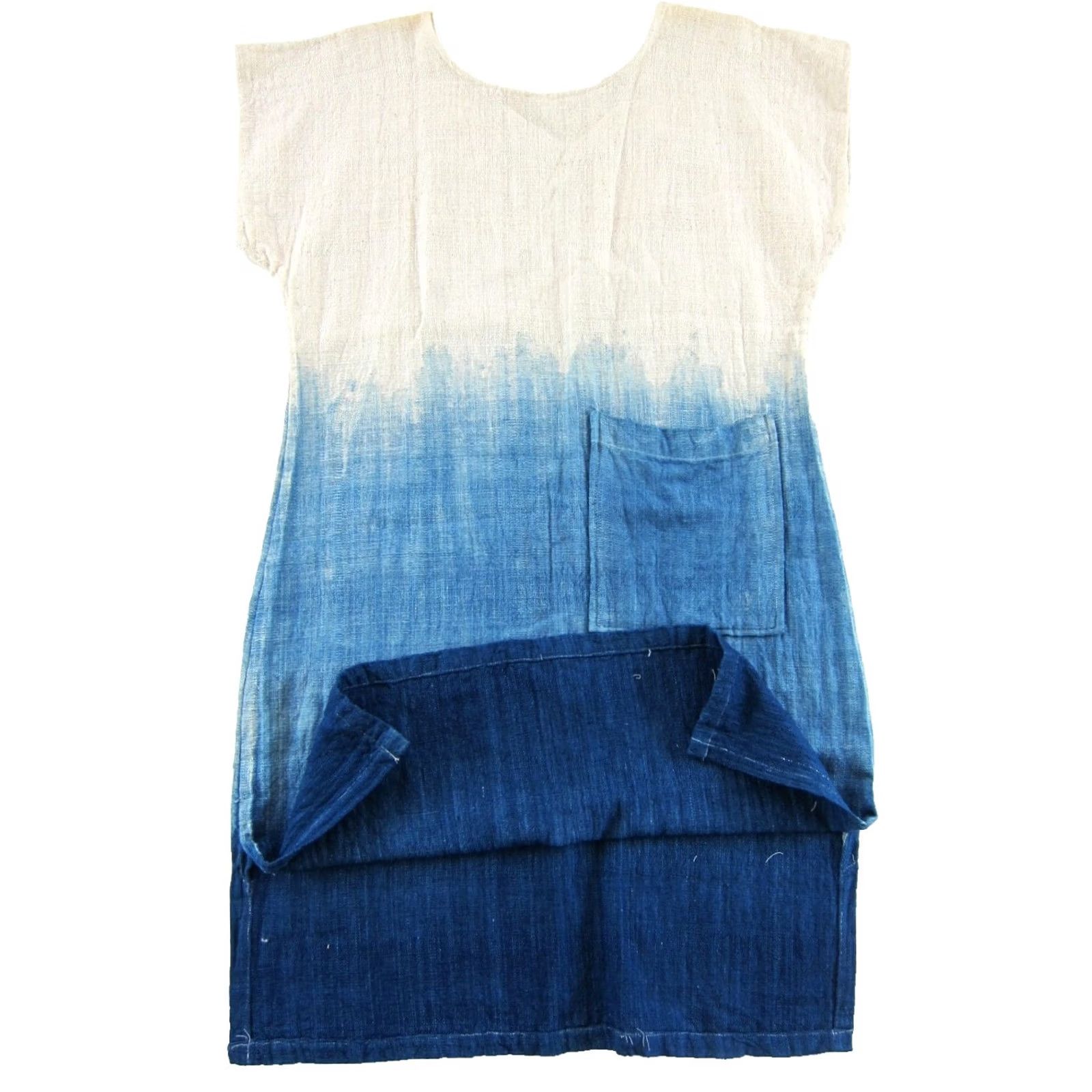 Vintage VINTAGE Woven Raw Cotton Ivory Blue Dyed Short Sleeve Tunic Oversize Dress M Size 32" / US 10 / IT 46 - 4 Thumbnail