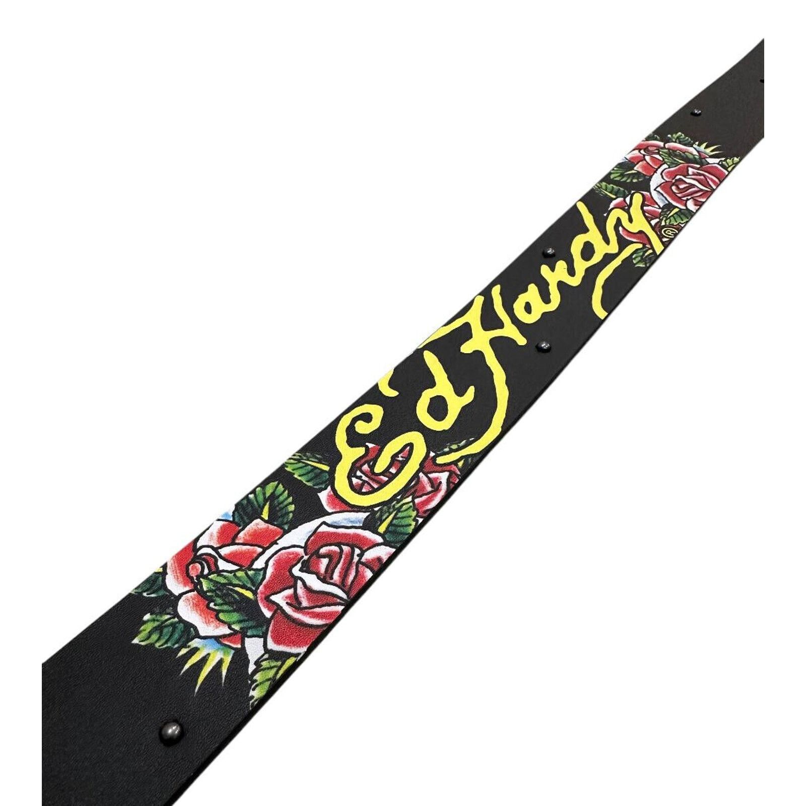 Ed Hardy Ed Hardy Men's Skull Rose Print Black Belt With Rivet Studs Size 42 - 3 Thumbnail