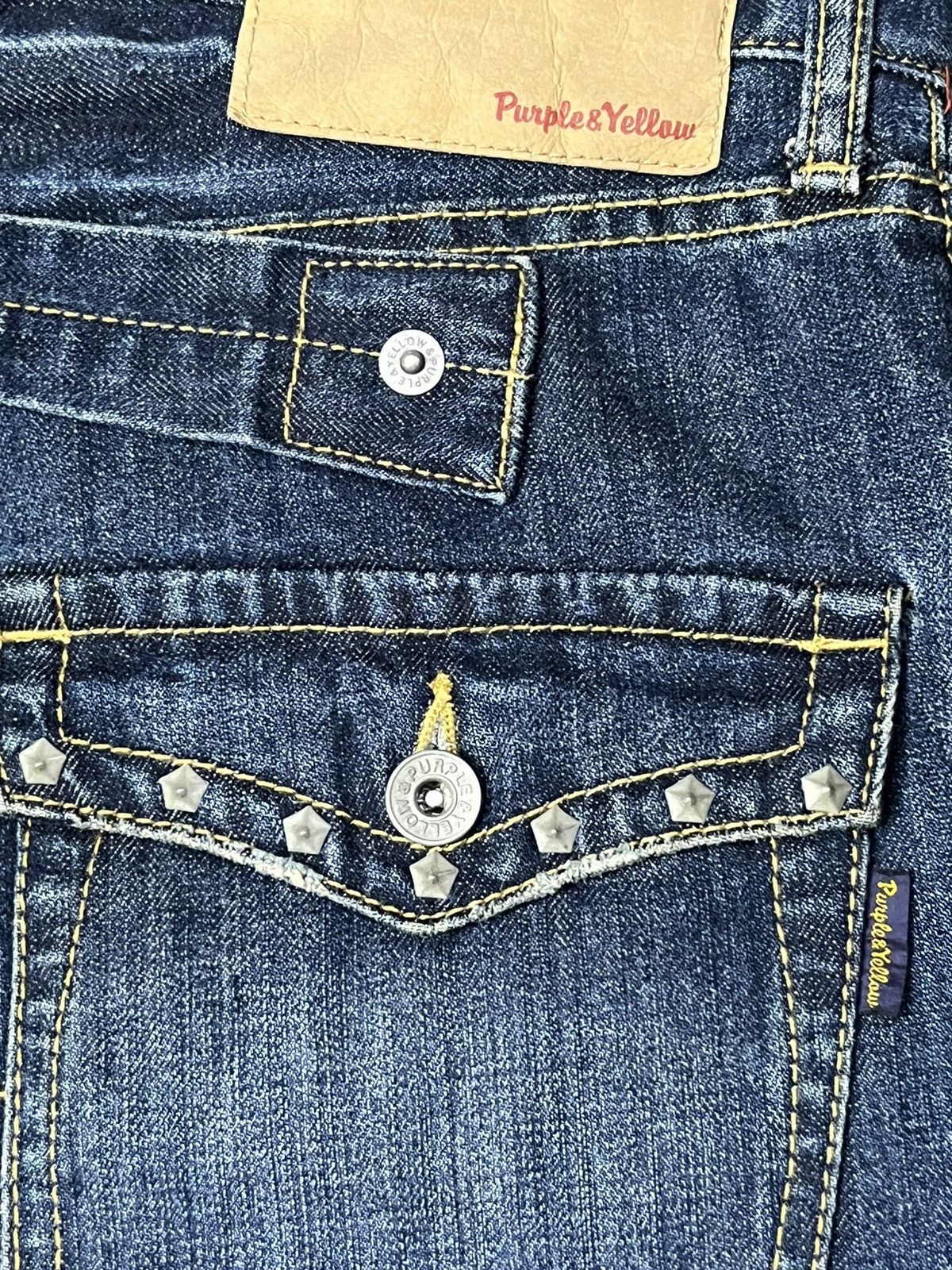 Japanese Brand FYE🔥PURPLE & YELLOW Vintage Ripped Double Knee Buckle Back Size US 29 - 10 Thumbnail