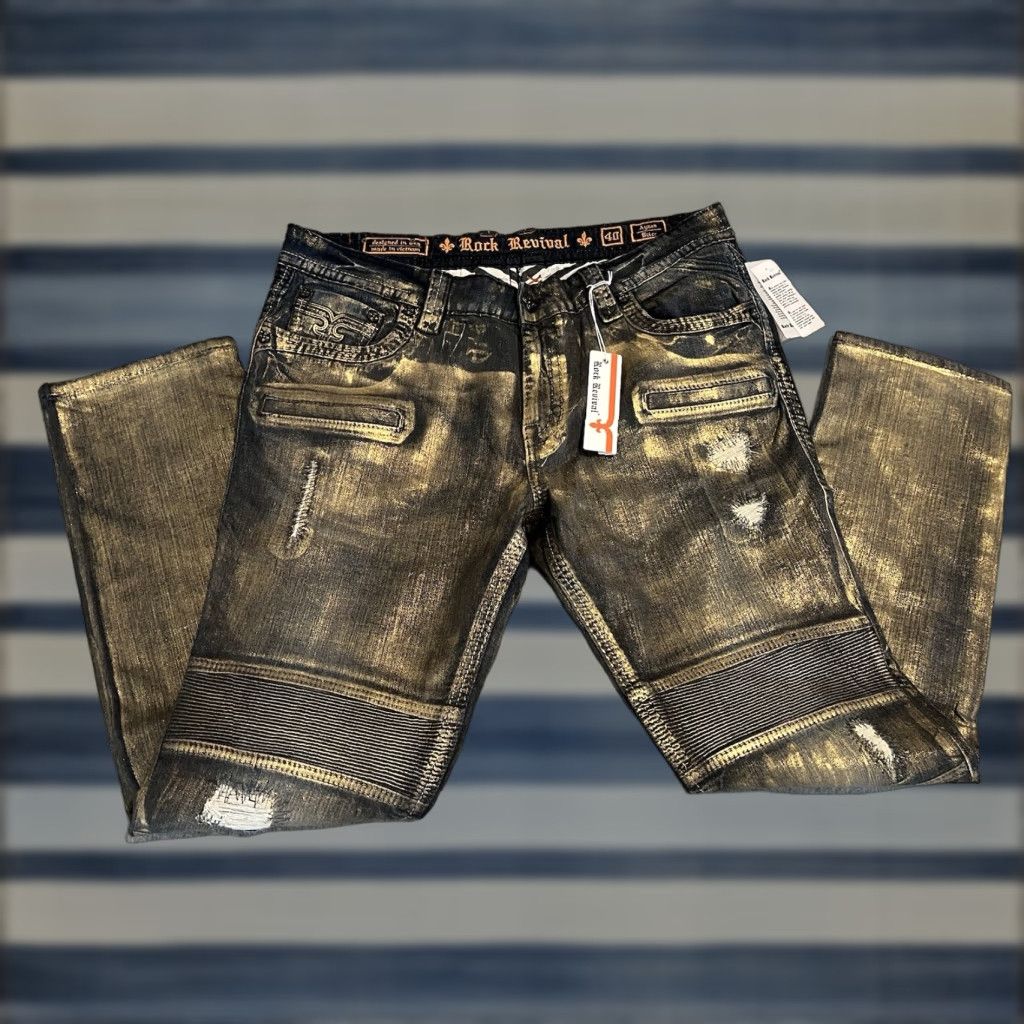 Vintage VINTAGE Rock Revival Jeans Distressed Biker Mens 40x34 Gold NWT Size US 40 / EU 56 - 1 Thumbnail