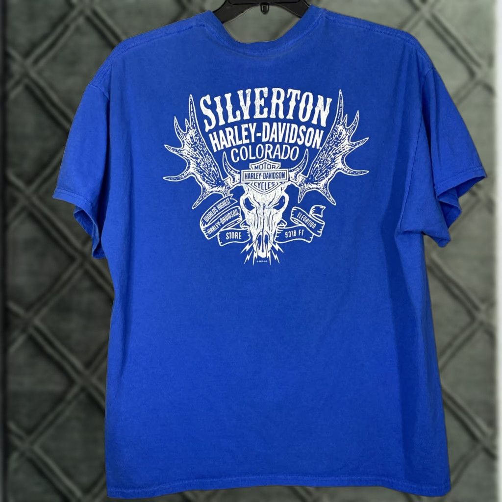 Harley Davidson VINTAGE Harley-Davidson T Shirt Moose Head Y2K Pocket Tee XL Blue Mens XLT Big & Tall Size US XL / EU 56 / 4 - 1 Thumbnail